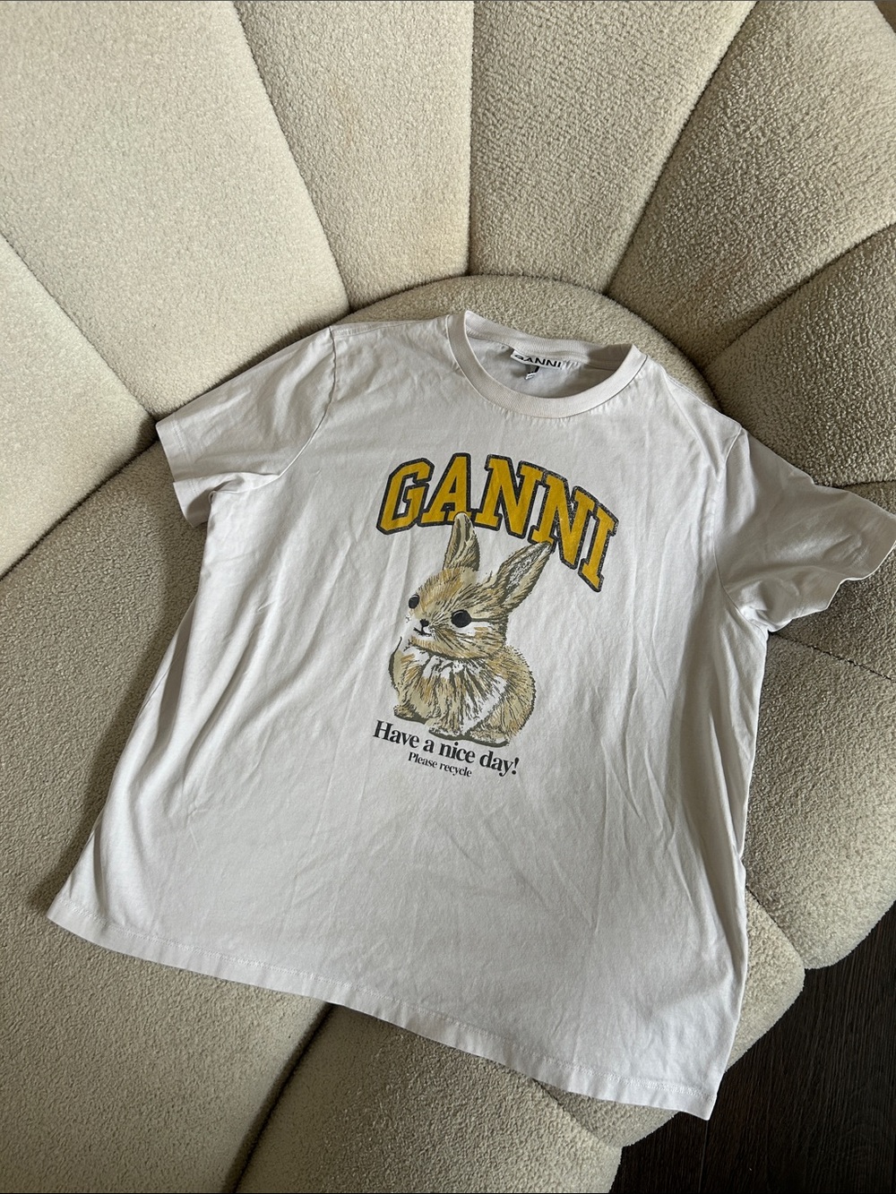 Ganni White Tee with Yellow Logo and Bunny Graphic